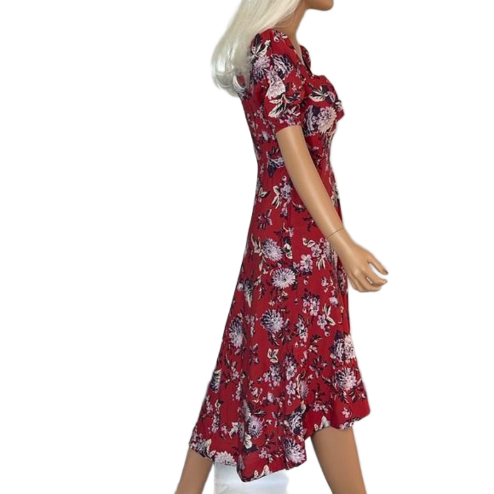 Maeve Anthropologie Red Floral Puff Sleeve Midi Dress 6P Petite High-Low - Picture 5 of 17